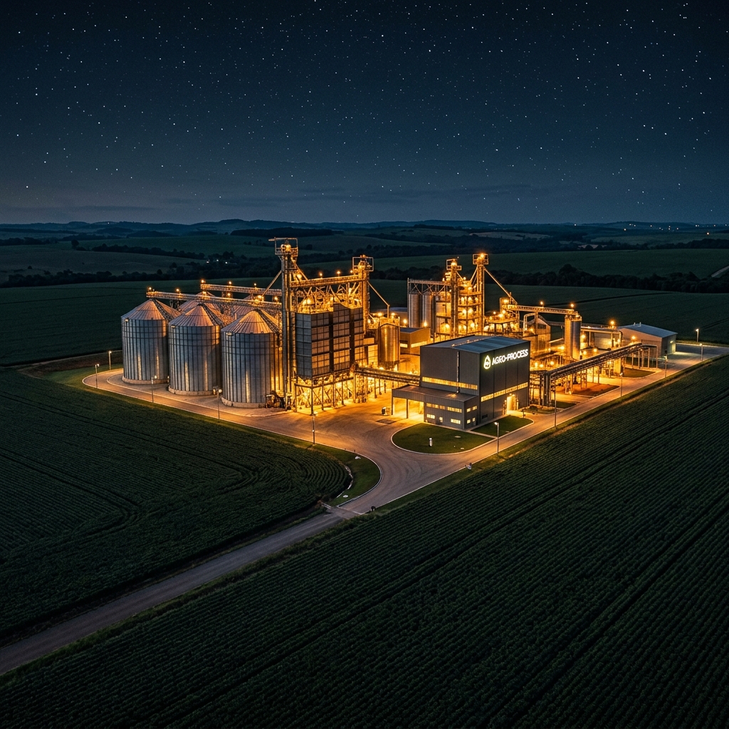 Modern agro-processing and soybean factory with silos and industrial machinery at twilight