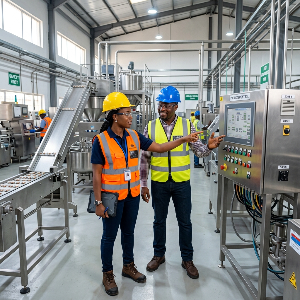 Industrial engineers inspecting processing equipment